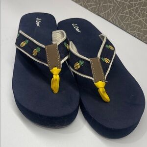 J. Crew Navy Flip Flops with Pineapple Embroidery